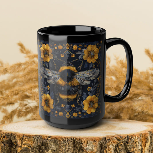 Bumblebee Gold Botanicals William Morris Inspired Black Coffee Mug For Her Him Ceramic Mug Black Mug 11oz, 15oz