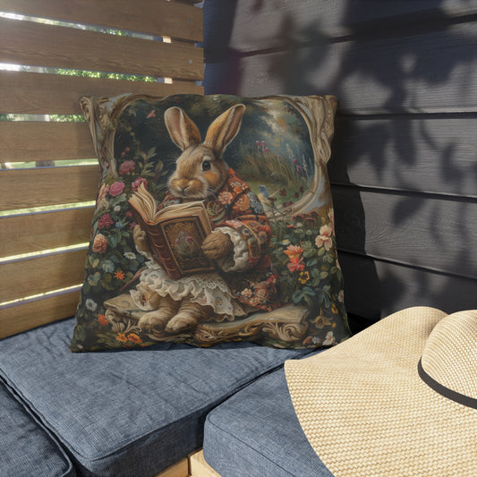 Whimsical Reading Bunny Outdoor Pillow, Storybook Rabbit Throw Pillow, Cottagecore Bunny Cushion, Floral Garden Decor, Vintage Animal Accent Pillow, Book Lover Gift