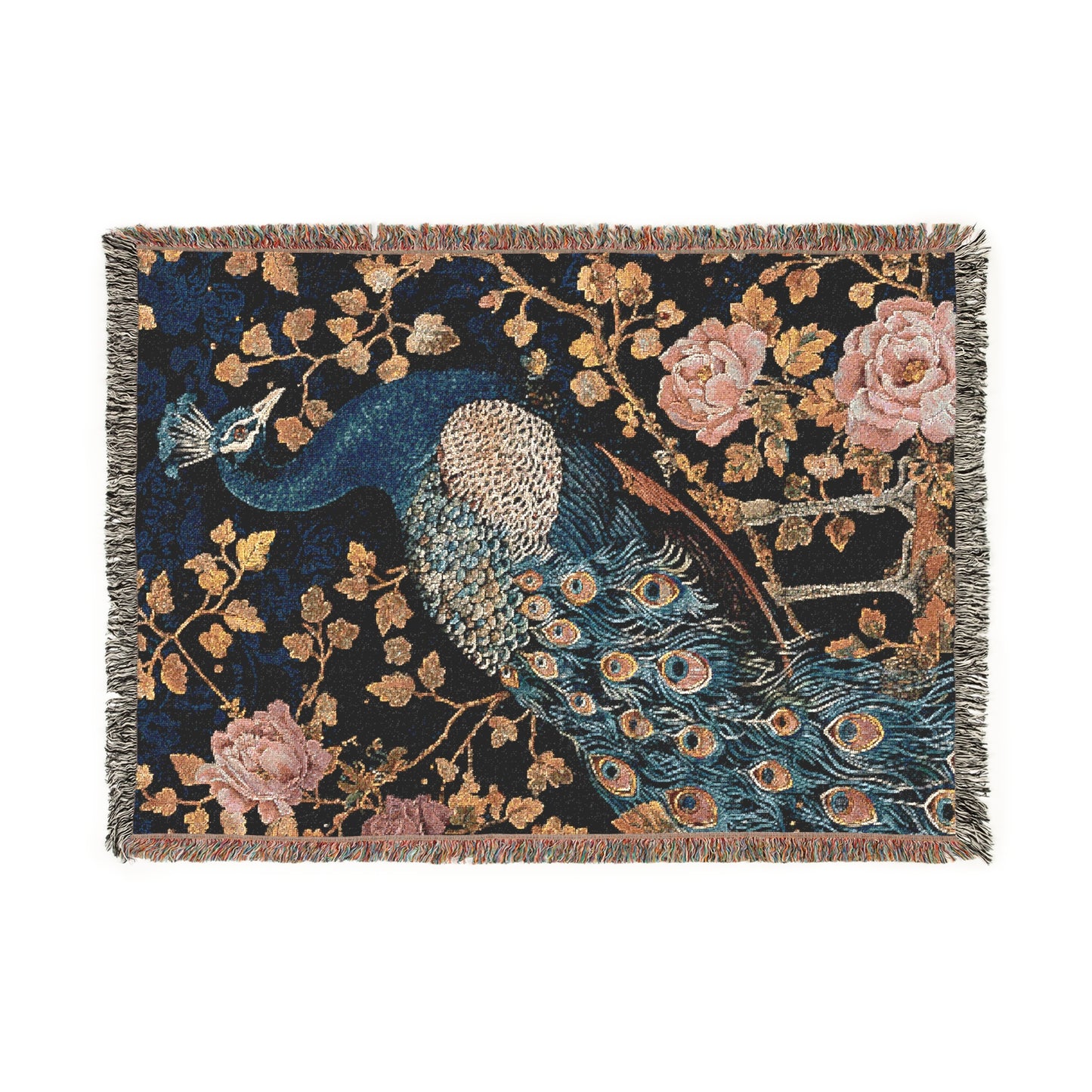 Art Deco Peacock William Morris Inspired Woven Blanket, Cozy Fall Home Decor Cotton Blanket