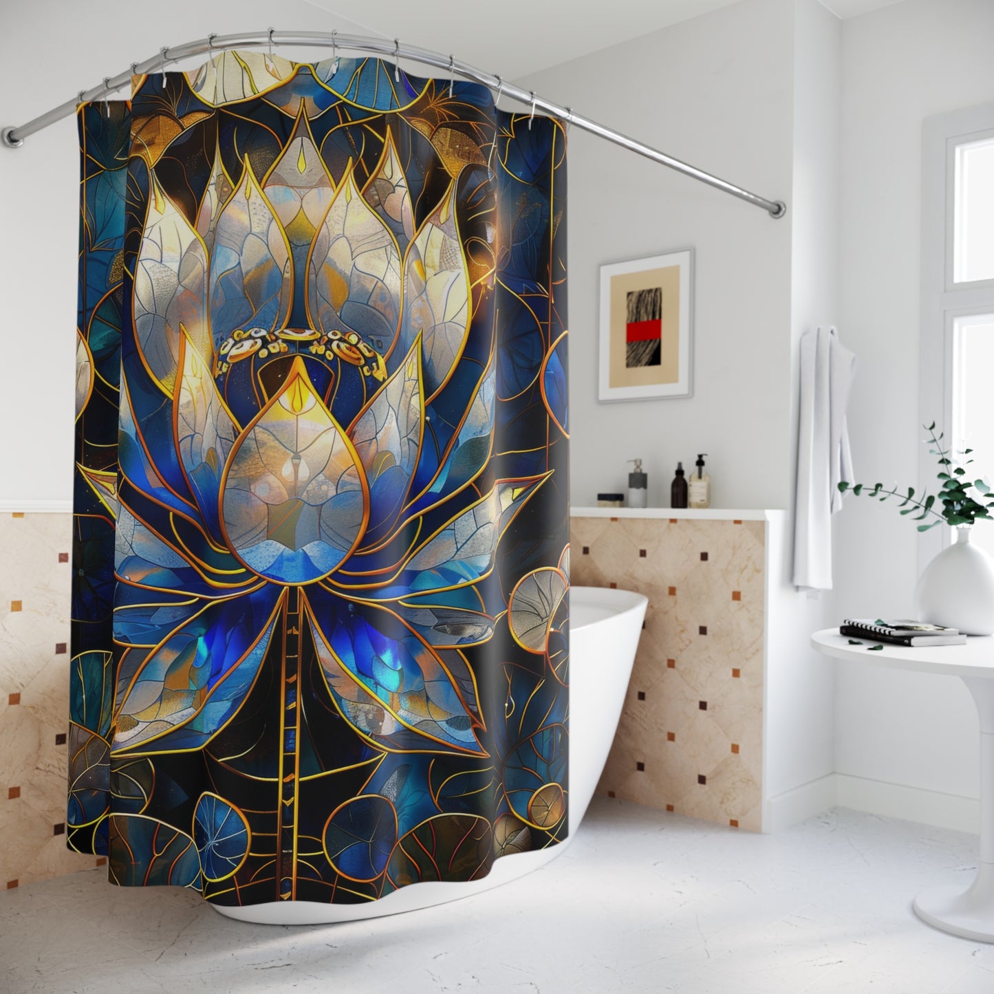 Stained Glass Lotus Flowers Shower Curtains, Art Deco Bathroom Decor, Unique Floral Shower Curtain, Colorful Bath Curtain, Home Spa
