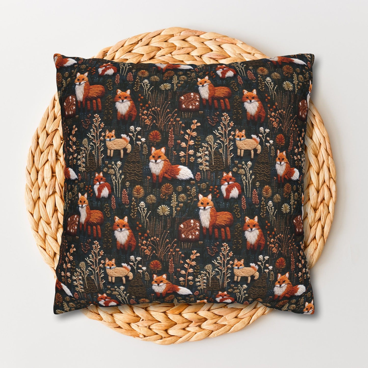 Woodland Foxes Embroidery-Style Pillowcase