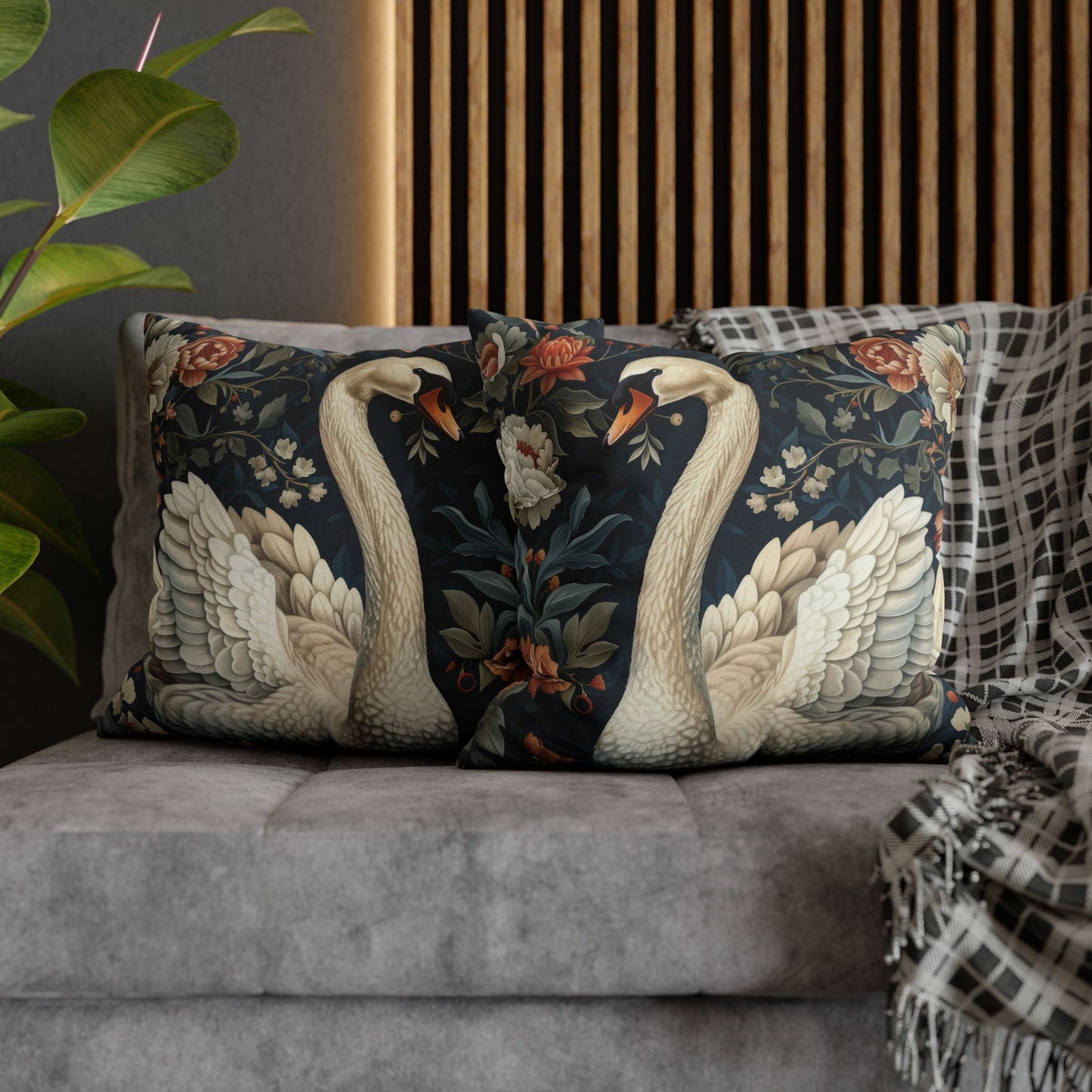 Botanical Swan Pillowcase: William Morris Style Decorative Throw Pillow