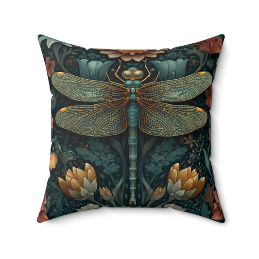 William Morris Inspired Dragonfly Pillow, Teal Botanical Art Nouveau Cushion, Elegant Floral Square Throw Pillow