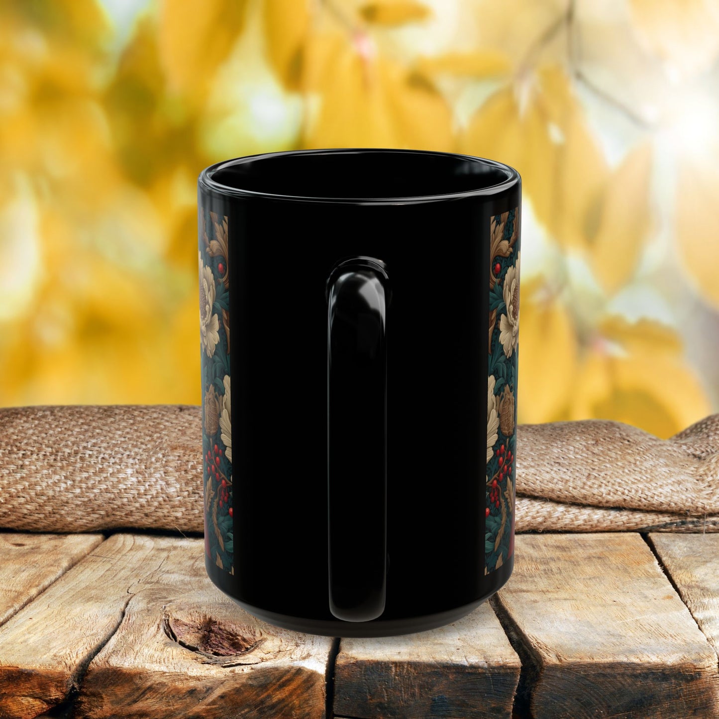Red Cardinal Coffee Mug William Morris Inspired Floral Black Ceramic Cup (11oz, 15oz)
