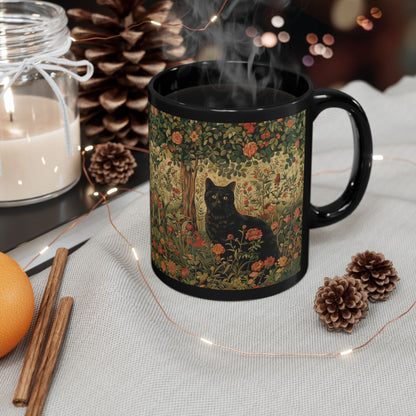 Black Cat Floral Mug, William Morris Style Botanical Cat Coffee Mug, Dark Academia Black Ceramic Mug 11oz & 15oz