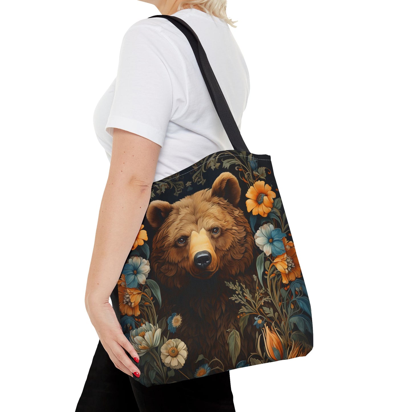 Forest Bear Tote Bag, William Morris Inspired Woodland Bear Shopping Bag, Moody Floral Art Nouveau Gifts for Her, Eco-Friendly Carryall