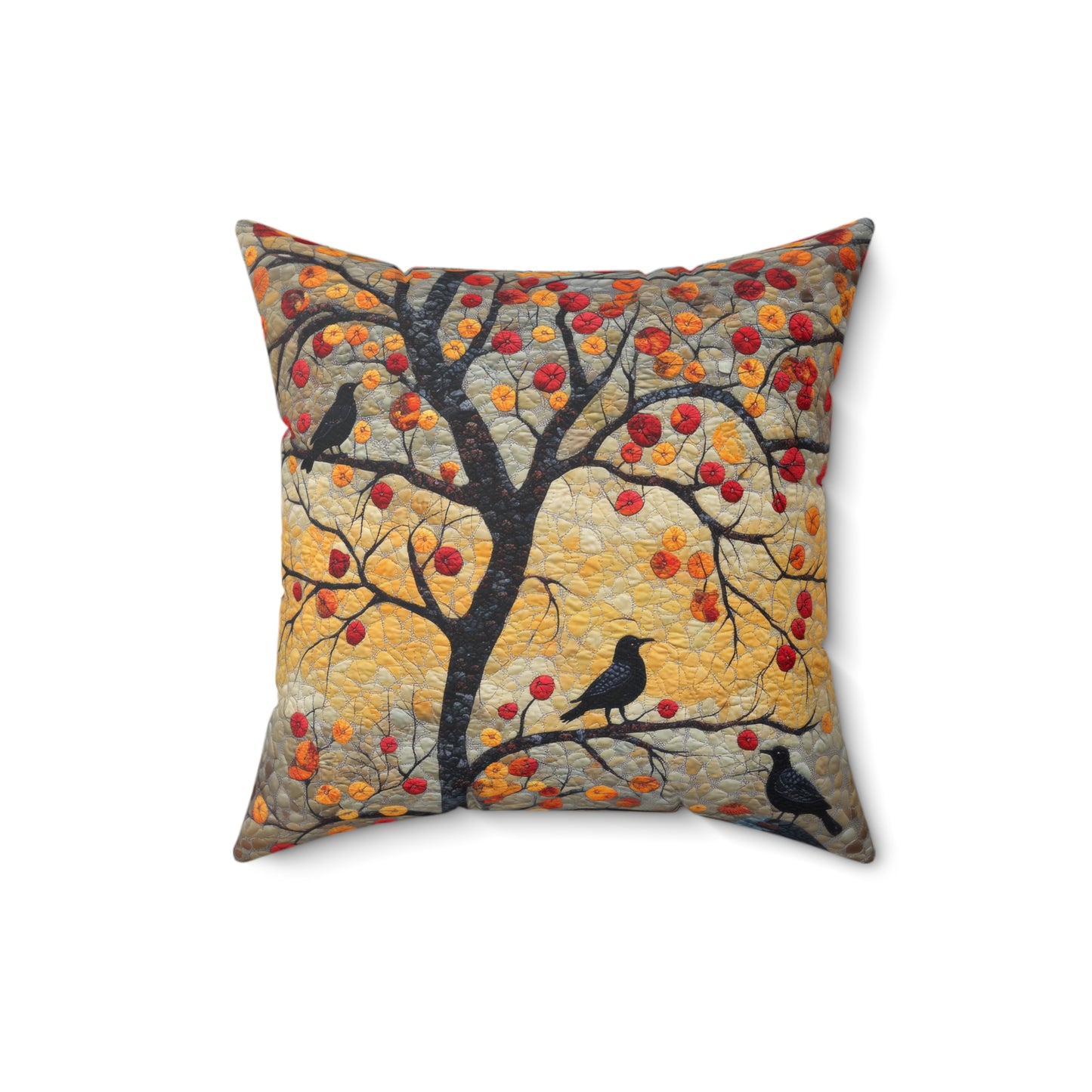 Crows With Autumn OakTree Decorative Pillow, Mosaic Art Style, Fall Pillow Home Decor