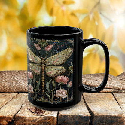 Victorian Dragonfly Coffee Mug, William Morris Inspired Pink Floral Black Ceramic Cup (11oz, 15oz)