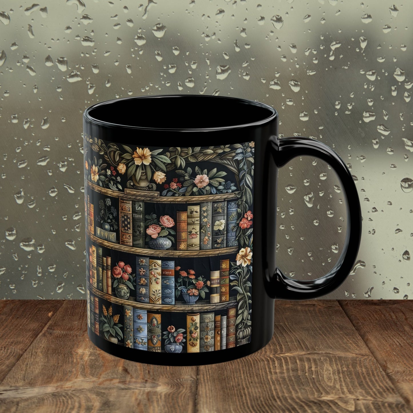 Vintage Bookshelf Mug, William Morris Style Library Black Ceramic Mug, Dark Academia Floral Book Lover Coffee Cup 11oz & 15oz