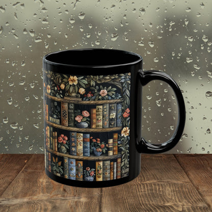 Vintage Bookshelf Mug, William Morris Style Library Black Ceramic Mug, Dark Academia Floral Book Lover Coffee Cup 11oz & 15oz