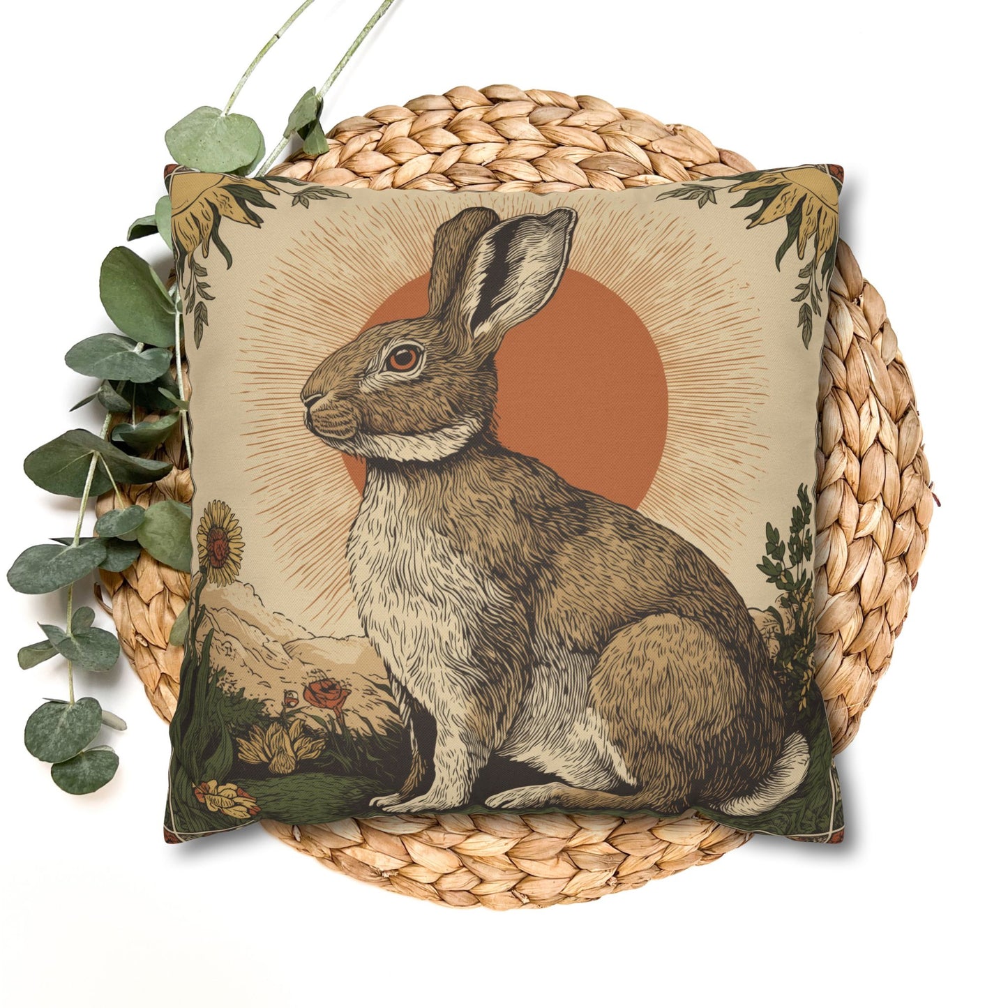 Retro Botanical Rabbit Pillowcase , Rustic Rabbit Sunburst Throw Pillow Cover