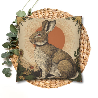 Retro Botanical Rabbit Pillowcase , Rustic Rabbit Sunburst Throw Pillow Cover