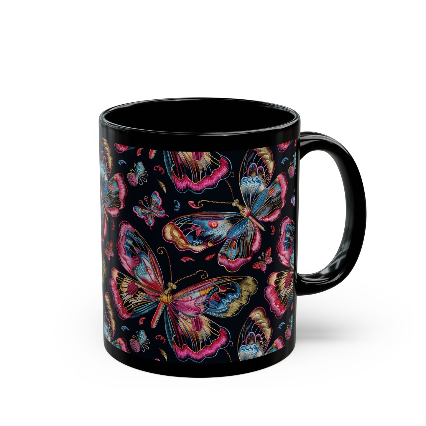 Pink Blue Butterfly Pattern Black Coffee Mug | Gift for Bird Lover Coffee Mug 11oz, 15oz