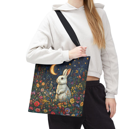 William Morris Inspired Moonlit Bunny Tote Bag, Celestial Rabbit Floral Market Bag