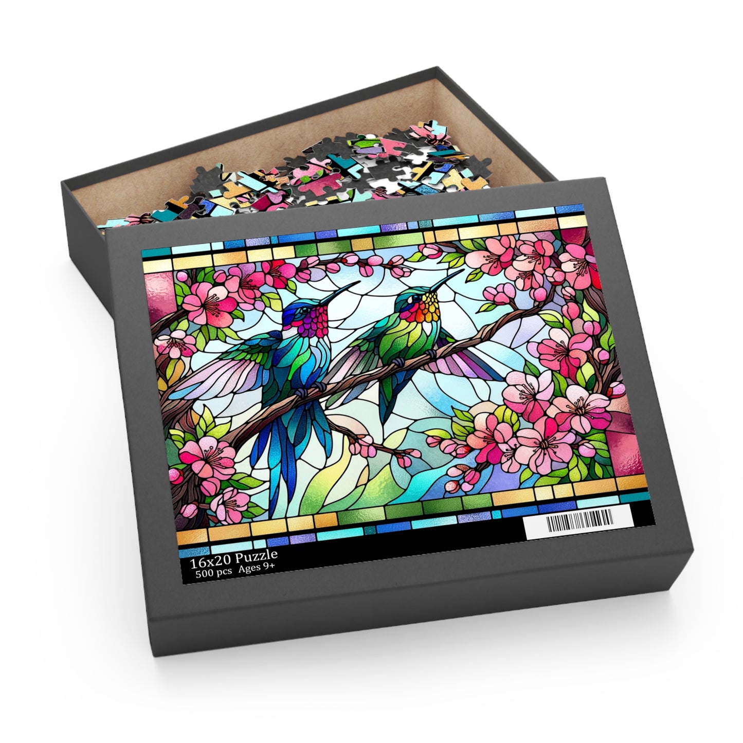 Stained Glass Hummingbirds Spring Cherry Blossom Puzzle Box (120, 252, 500-Piece) Adult Jigsaw Puzzle, Gift Him Her