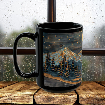 Wooden Crescent Moon Mountain Landscape Black Mug, Winter Carved Wood Art Style Coffee Cup (11oz, 15oz)  Mountain Lover Gift