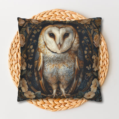 William Morris Inspired, Forest Floral Art, Decorative Barn Owl Spun Polyester Square Pillowcase