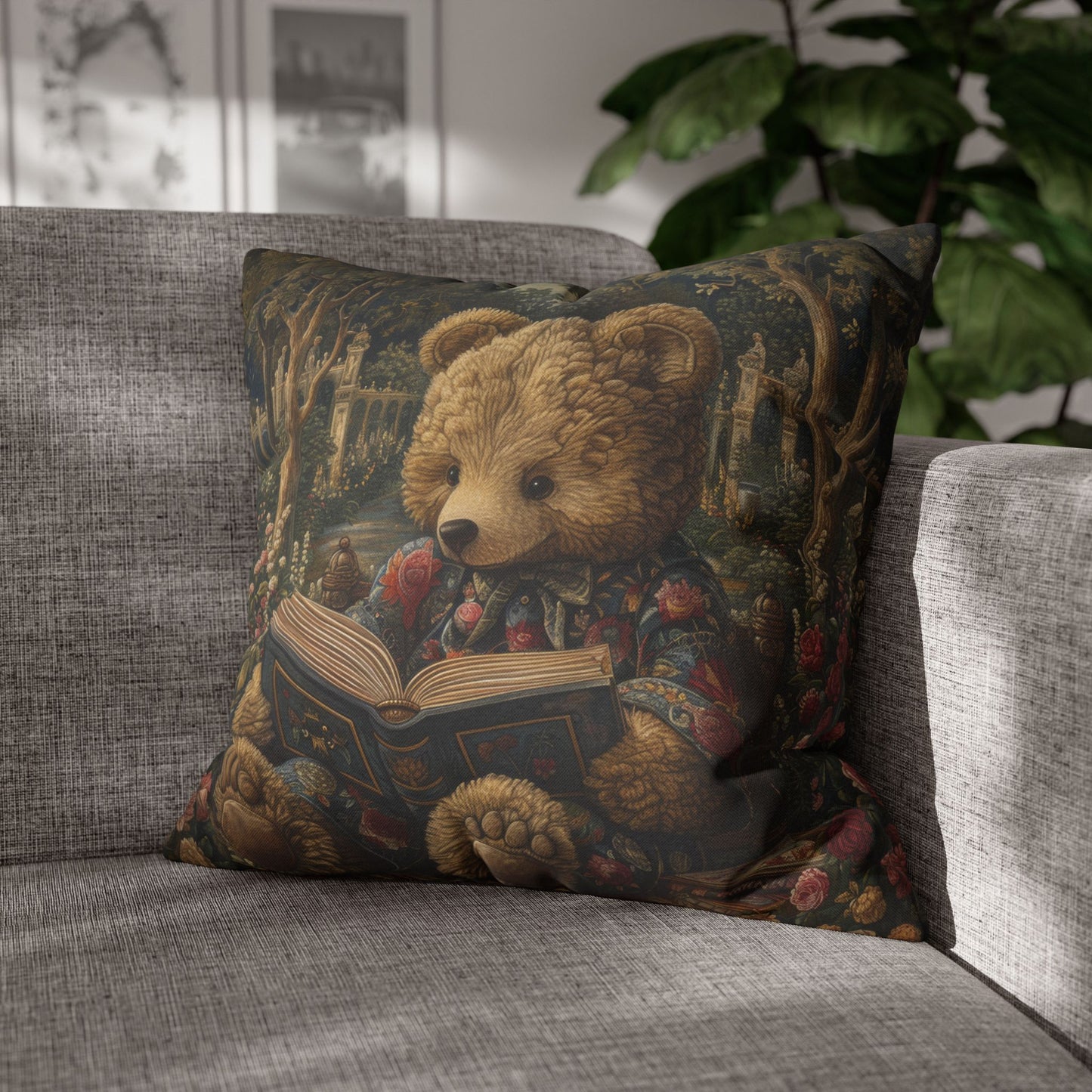 Rococo Teddy Bear Vintage Book Square Pillowcase