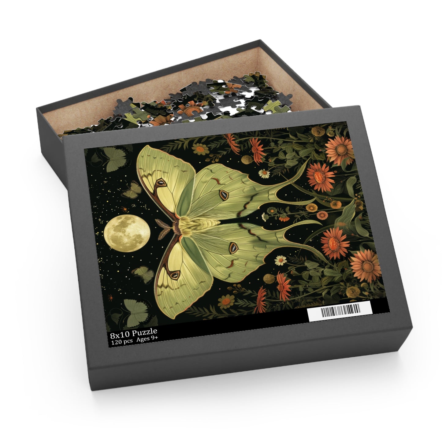 William Morris Inspired Magical Green Luna Moth Night Moon Puzzle Box (120, 252, 500-Piece) Family Jigsaw Puzzle, Puzzle Box Gift