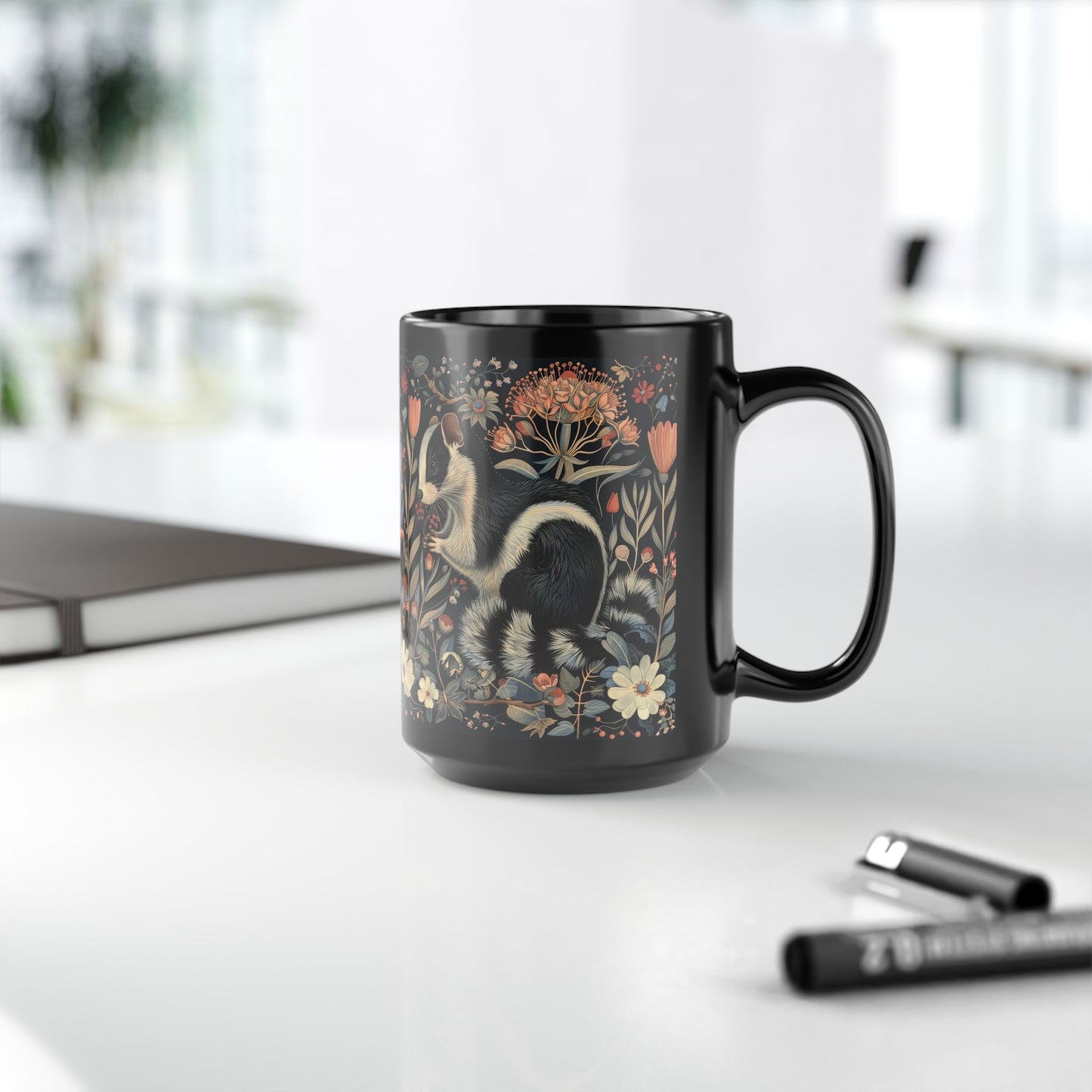 William Morris Inspired Floral Skunk Art Nouveau Coffee Mug For Her Him Ceramic Mug Black Mug 11oz, 15oz