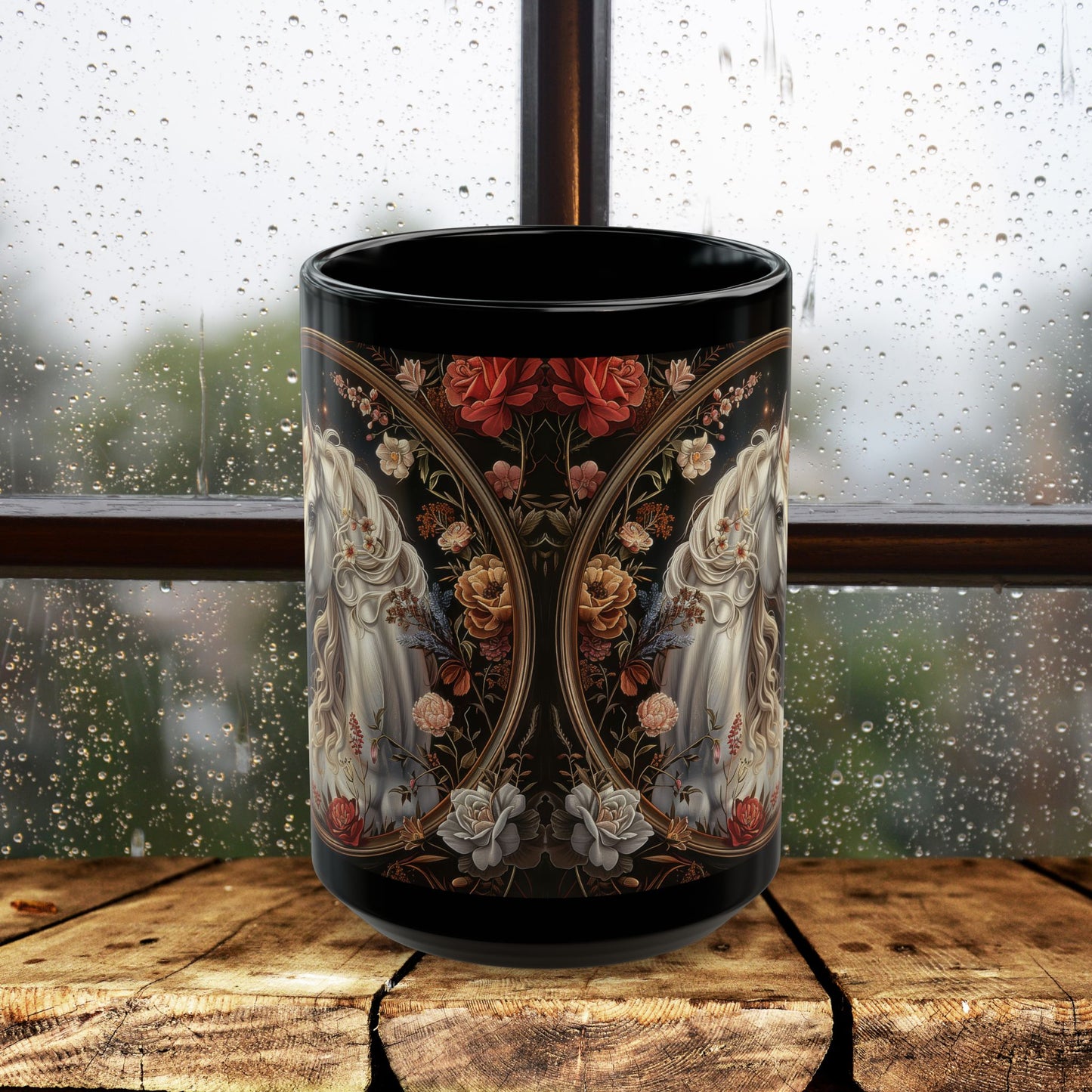 William Morris Inspired Victorian White Unicorn Botanical Black Coffee Mug 11oz, 15oz - Unique Gift for Tea Lovers, Floral Mug, Gift for