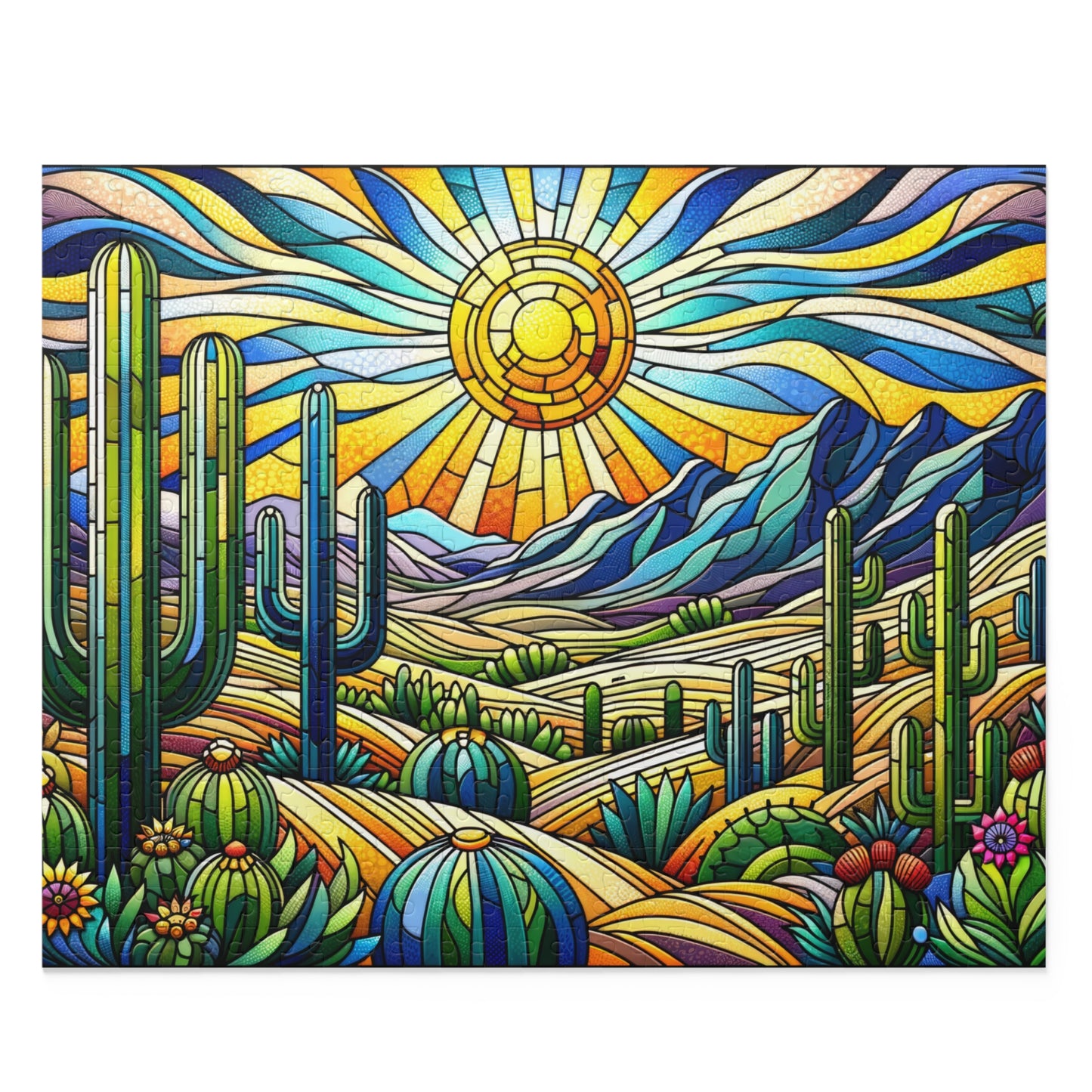 Cactus Dessert Scene Stained Glass Jigsaw Puzzle Box (120, 252, 500-Piece) Adult Jigsaw Puzzle, Gift Him Her