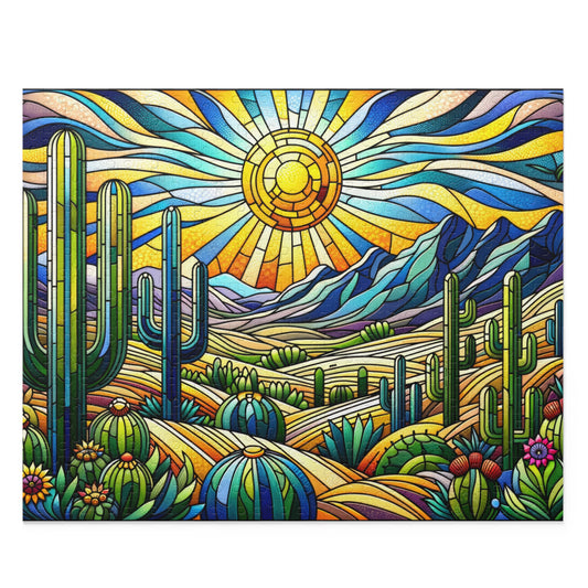 Cactus Dessert Scene Stained Glass Jigsaw Puzzle Box (120, 252, 500-Piece) Adult Jigsaw Puzzle, Gift Him Her