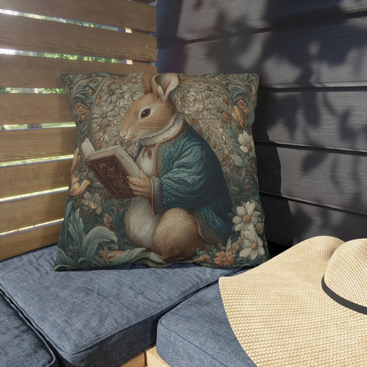 Reading Bunny Outdoor Pillow, Book Lover Rabbit Throw Pillow, Cottagecore Animal Cushion, Floral Woodland Decor, Patio Accent Pillow