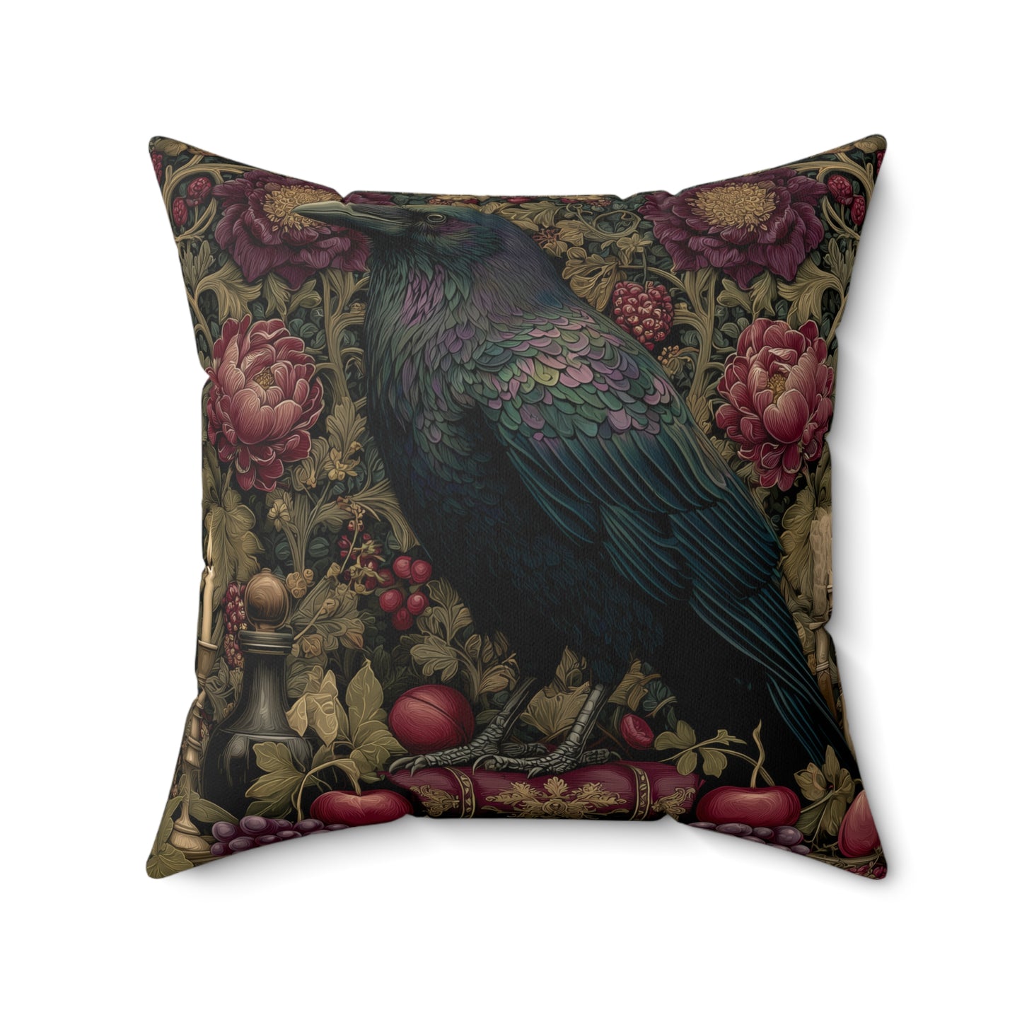 Gothic Raven & Peony Candle Pillow, Dark Academia Bird Cushion with Fruit and Floral Design, Halloween Home Decor
