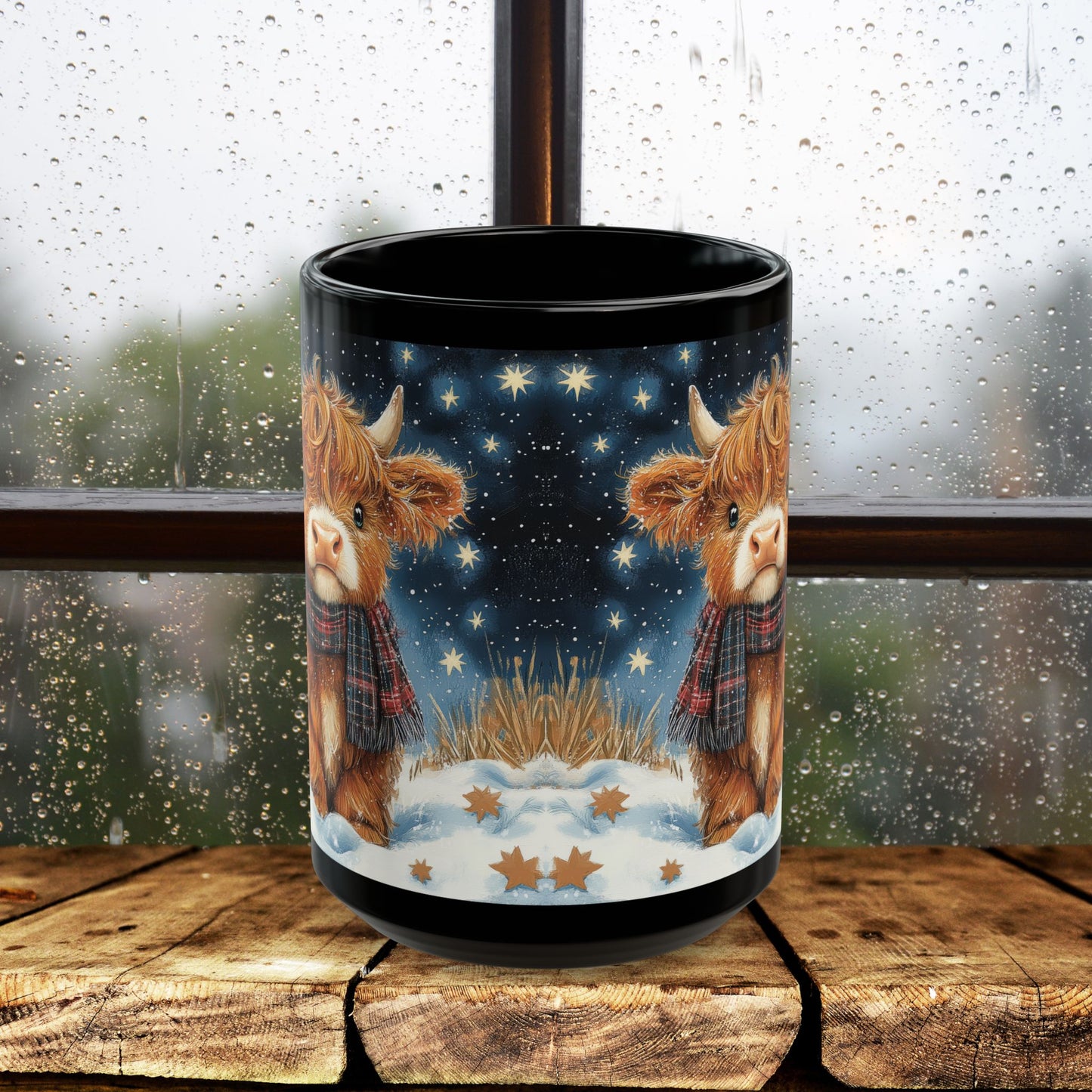 Highland Cow Winter Night Black Mug, Cute Baby Cow Coffee Cup (11oz, 15oz) Animal Lover Gift, Farmhouse Kitchen Decor, Christmas Gift,