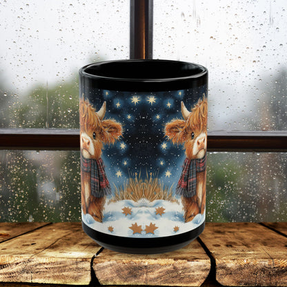 Highland Cow Winter Night Black Mug, Cute Baby Cow Coffee Cup (11oz, 15oz) Animal Lover Gift, Farmhouse Kitchen Decor, Christmas Gift,