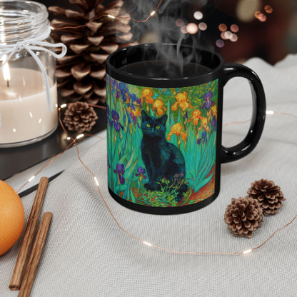Black Cat Iris Mug, Van Gogh Inspired Cat Art Mug, Colorful Impressionist Floral Black Ceramic Mug, Artistic Cat Lover Gift, 11oz & 15oz