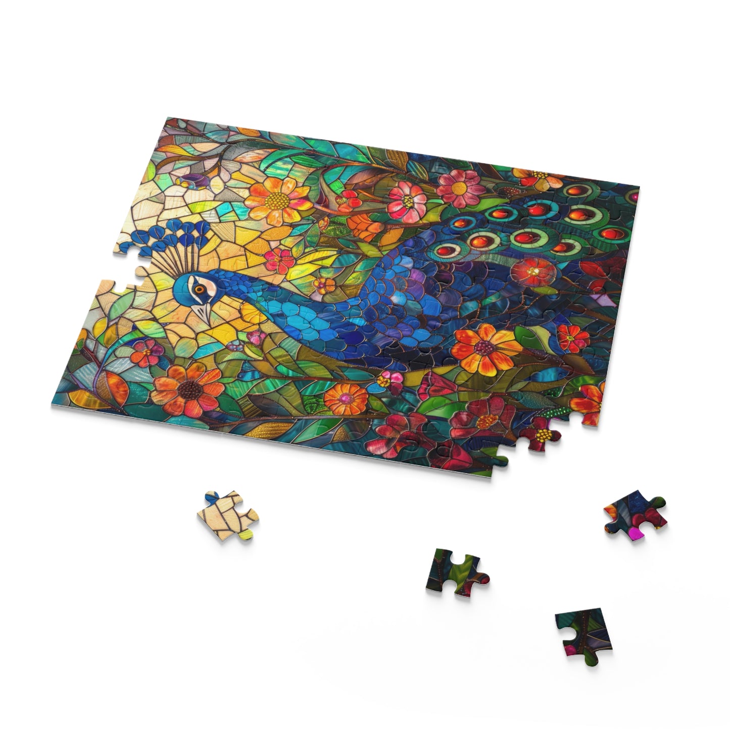 Stained Glass Peacock Wildflowers Puzzle Box (120, 252, 500-Piece) Family Jigsaw Puzzle, Puzzle Box Gift