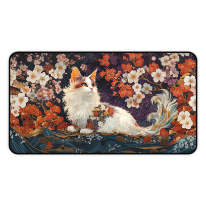 Desk Mat White Calico Cat Cherry Blossom 2 Sizes Office Decor Gift