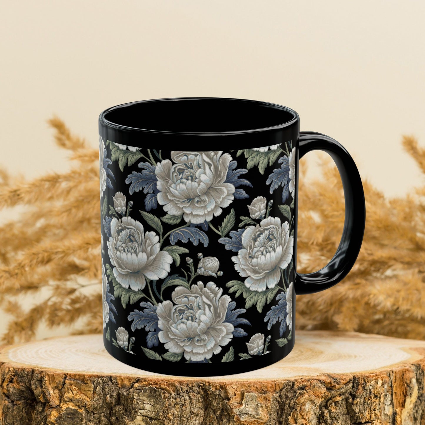 Vintage Roses Pattern Embroidery Black Mug 11oz