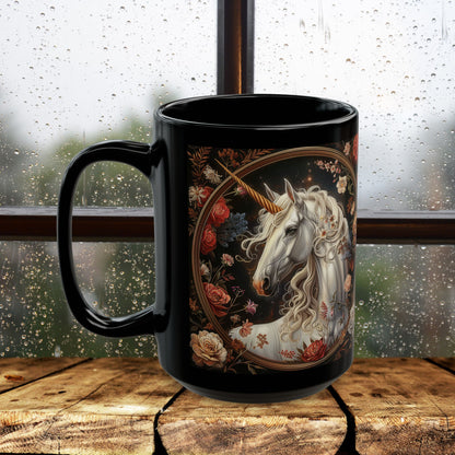 William Morris Inspired Victorian White Unicorn Botanical Black Coffee Mug 11oz, 15oz - Unique Gift for Tea Lovers, Floral Mug, Gift for