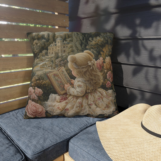 Vintage Storybook Girl Outdoor Pillow, Cottagecore Throw Pillow, Romantic Garden Cushion, Shabby Chic Floral Decor, Victorian Style Accent Pillow, Whimsical Gift