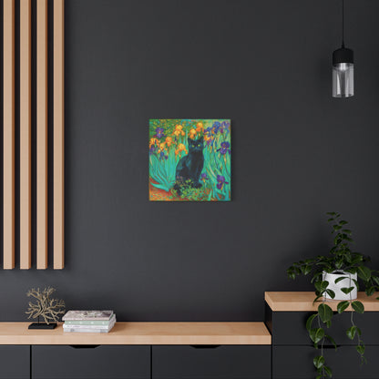 Black Cat Among Irises, Vibrant Floral Canvas Wall Art, Matte Stretched Canvas 1.25"