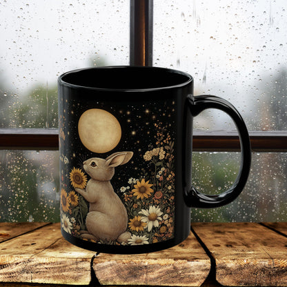 Moon Rabbit Coffee Mug, William Morris Inspired Floral Bunny Black Ceramic Cup (11oz, 15oz)