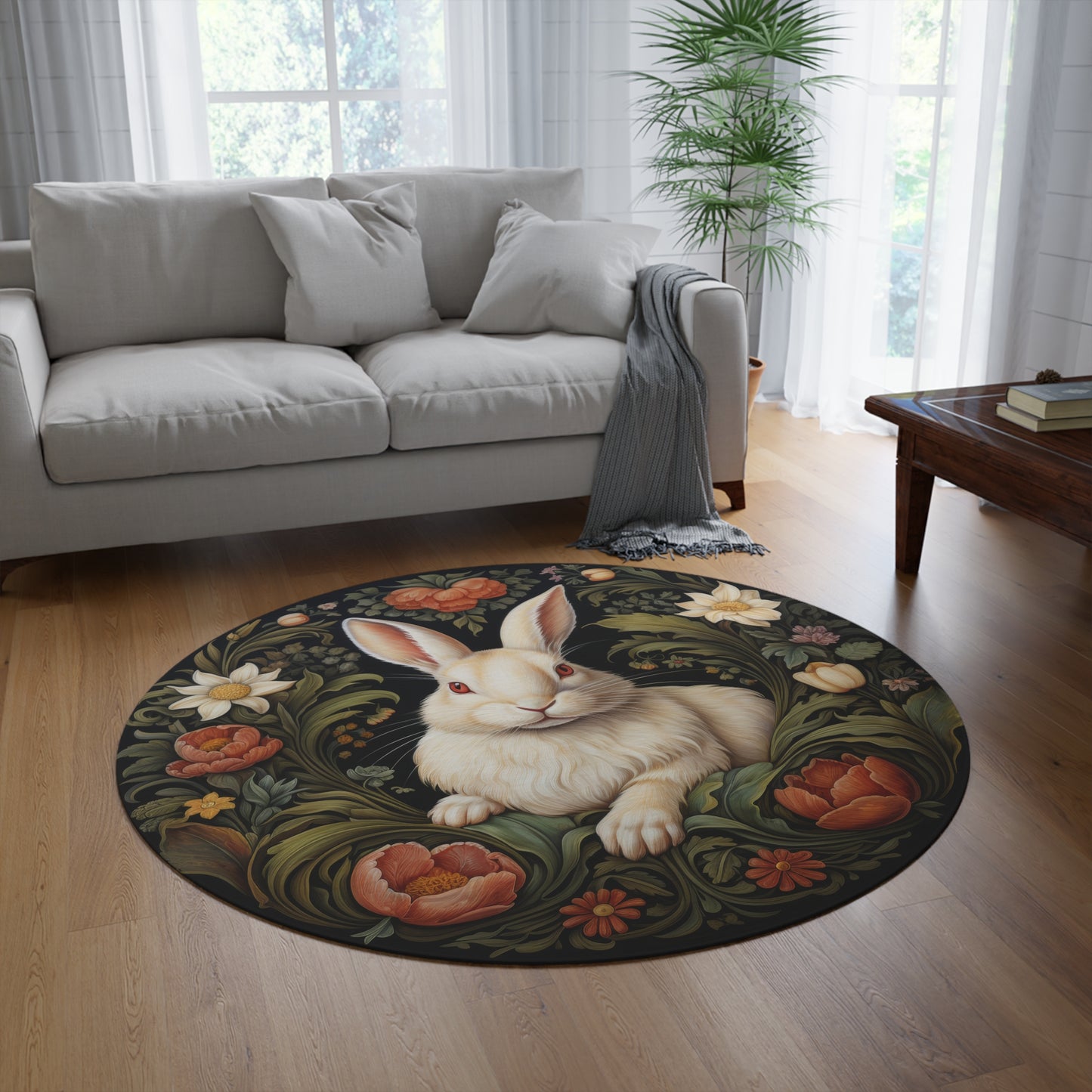 William Morris Inspired Botanical White Rabbit Home Decor, Rabbit Round Area Rug