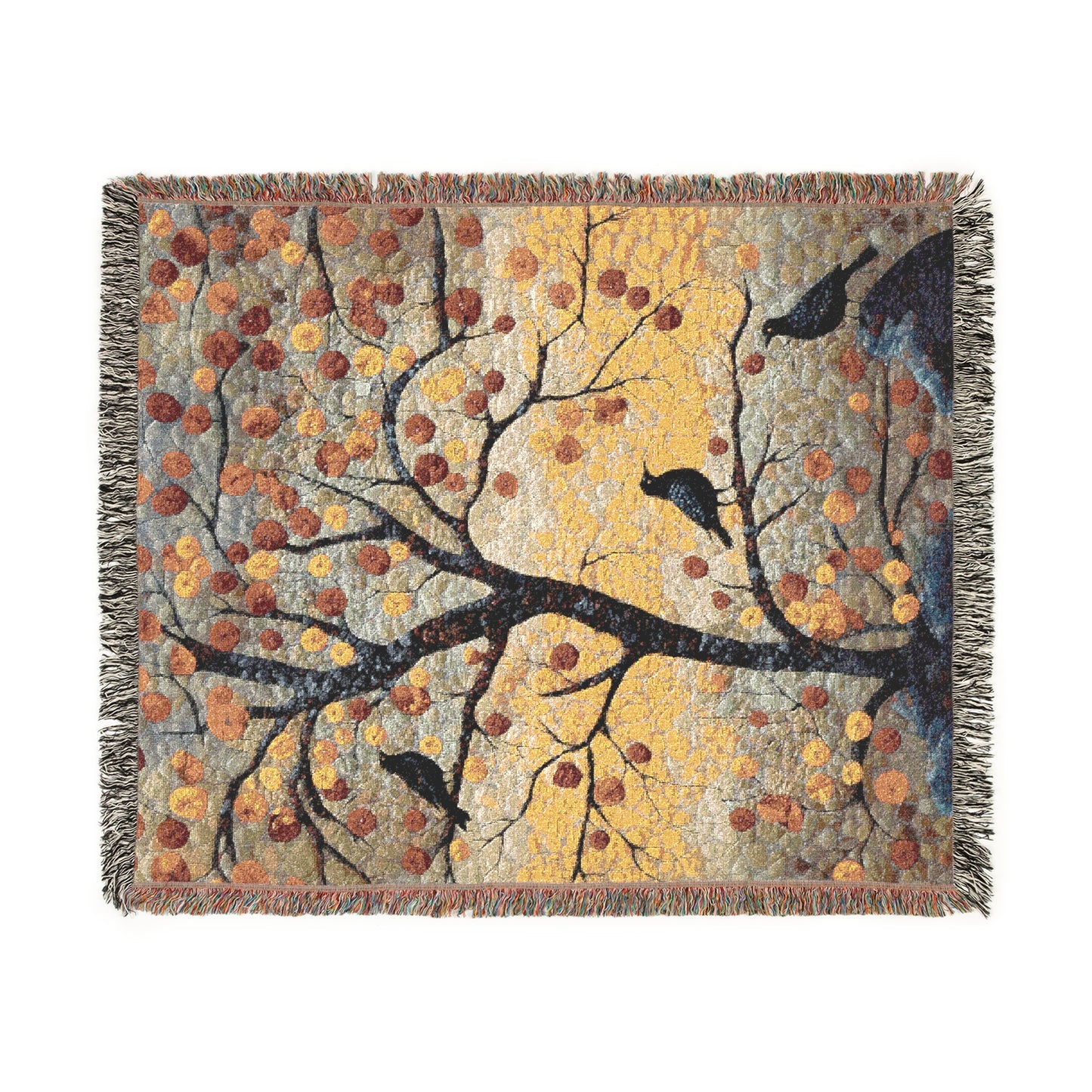 Autumn Ravens & Golden Tree Woven Cotton Blanket, Cozy Fall Nature Throw