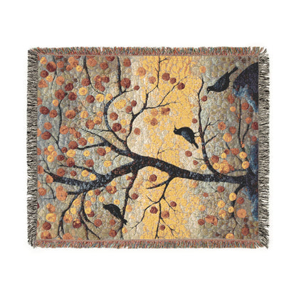 Autumn Ravens & Golden Tree Woven Cotton Blanket, Cozy Fall Nature Throw