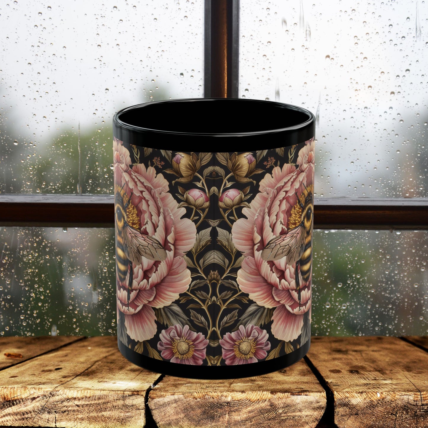 William Morris Inspired Bumblebee Pink Peony Black Coffee Mug For Her Him Ceramic Mug Black Mug 11oz, 15oz