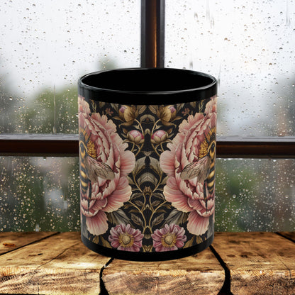 William Morris Inspired Bumblebee Pink Peony Black Coffee Mug For Her Him Ceramic Mug Black Mug 11oz, 15oz