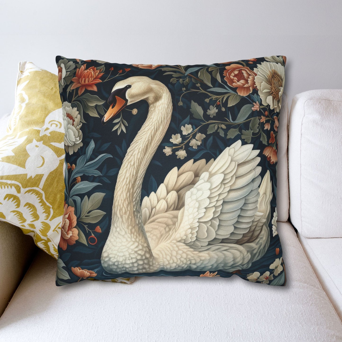 Botanical Swan Pillowcase: William Morris Style Decorative Throw Pillow