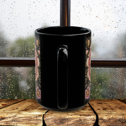 William Morris Inspired Bumblebee Pink Peony Black Coffee Mug For Her Him Ceramic Mug Black Mug 11oz, 15oz