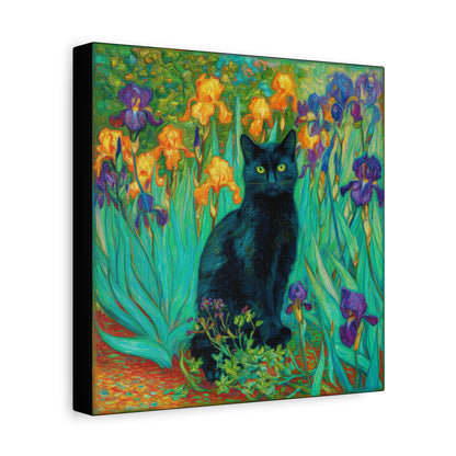 Black Cat Among Irises, Vibrant Floral Canvas Wall Art, Matte Stretched Canvas 1.25"