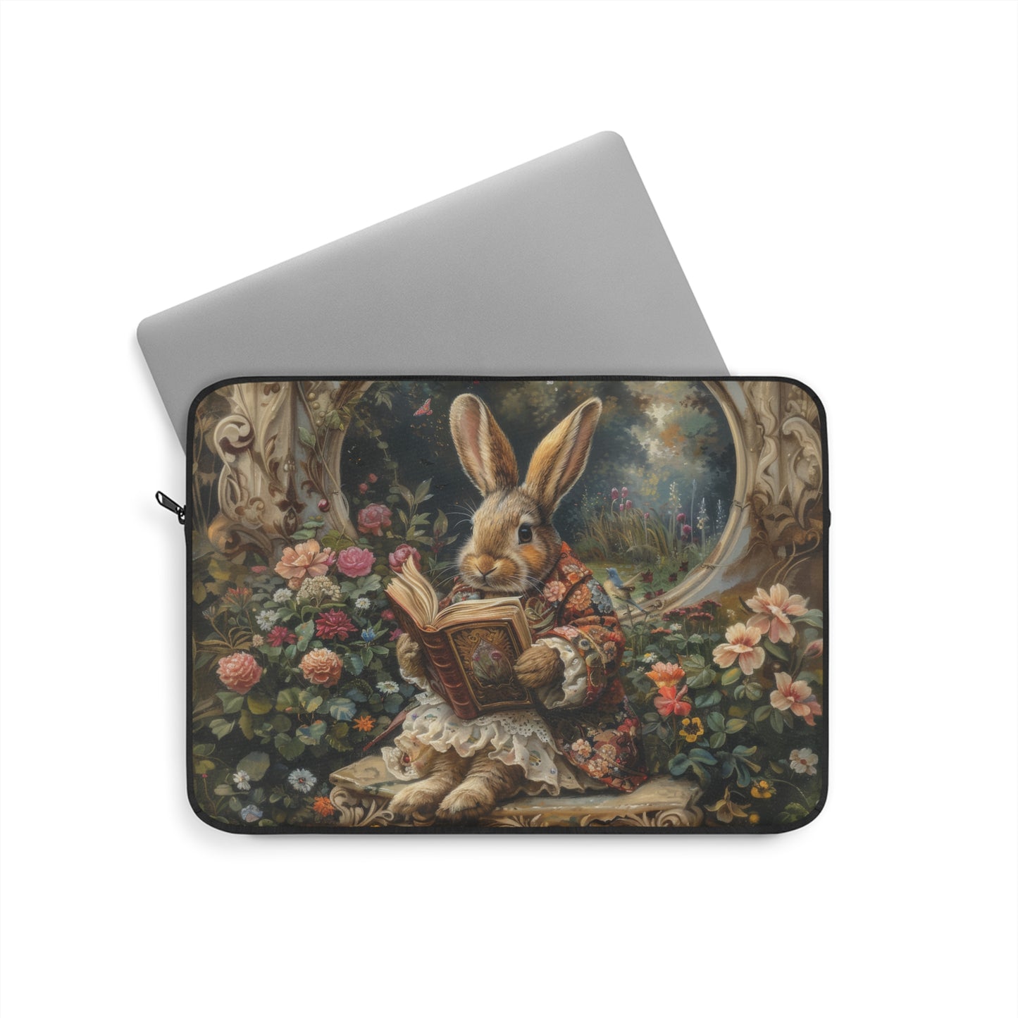 Whimsical Rabbit Reading Laptop Sleeve, Vintage Floral Bunny Art Case, Cute Protective Cover