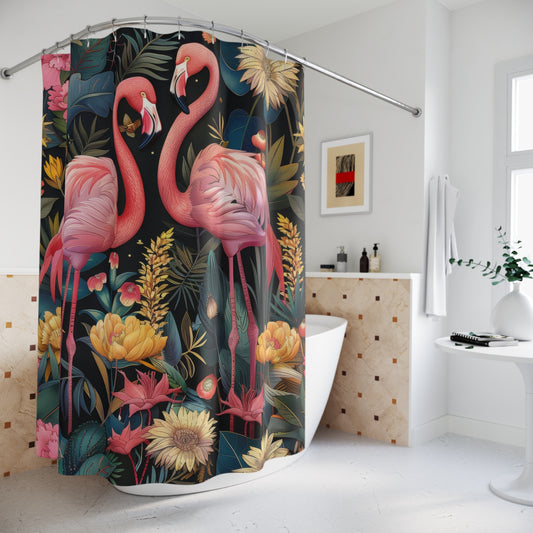 William Morris Inspired Botanical Pattern With Pink Flamingos Polyester Shower Curtain