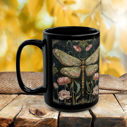 Victorian Dragonfly Coffee Mug, William Morris Inspired Pink Floral Black Ceramic Cup (11oz, 15oz)